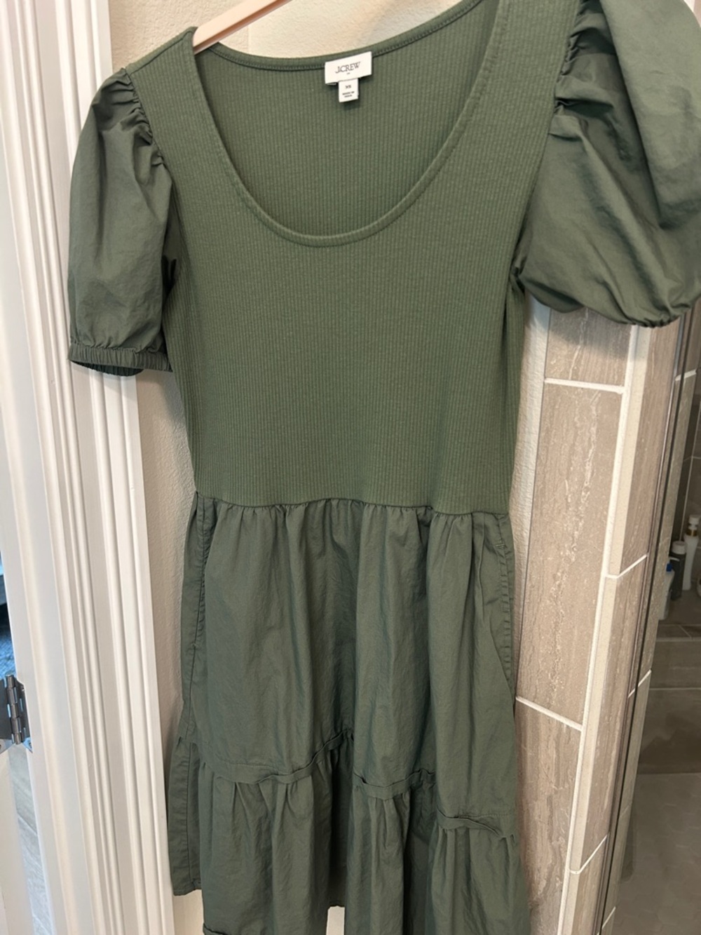 J. Crew womens Olive Green Puff Sleeve Tiered Casual Dress